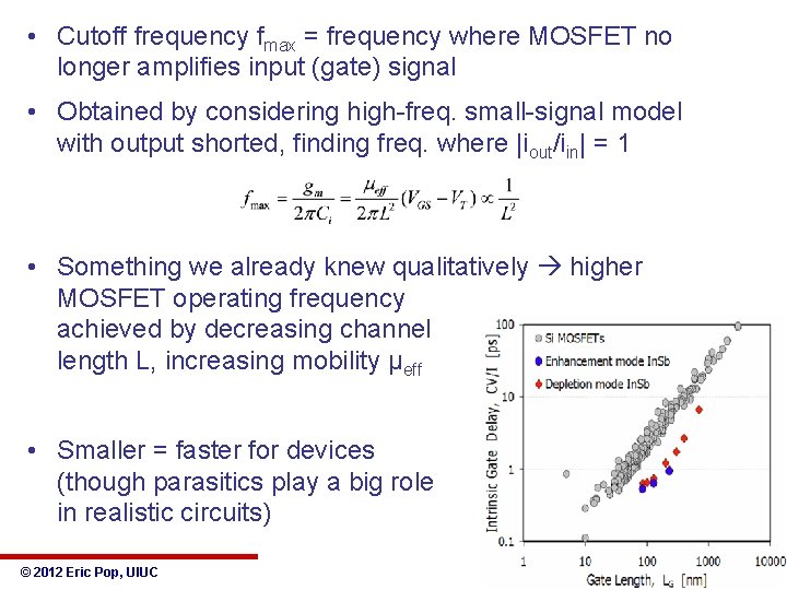  • Cutoff frequency fmax = frequency where MOSFET no longer amplifies input (gate)