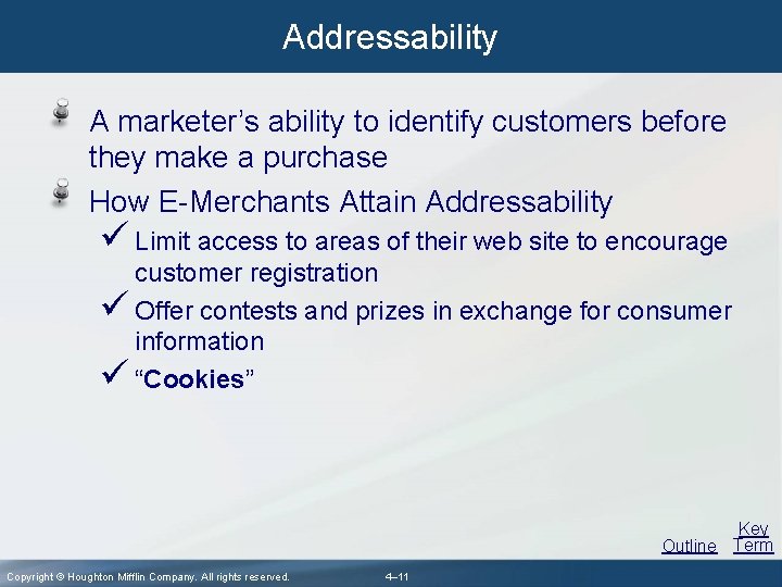 Addressability A marketer’s ability to identify customers before they make a purchase How E-Merchants
