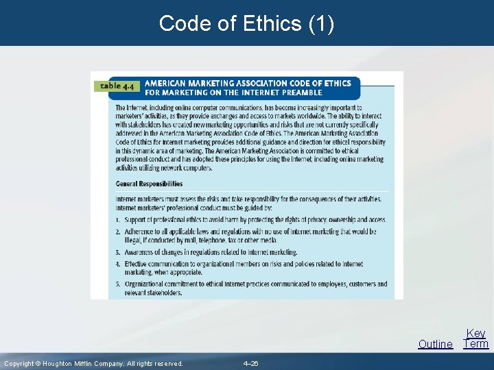Code of Ethics (1) Key Outline Term Copyright © Houghton Mifflin Company. All rights