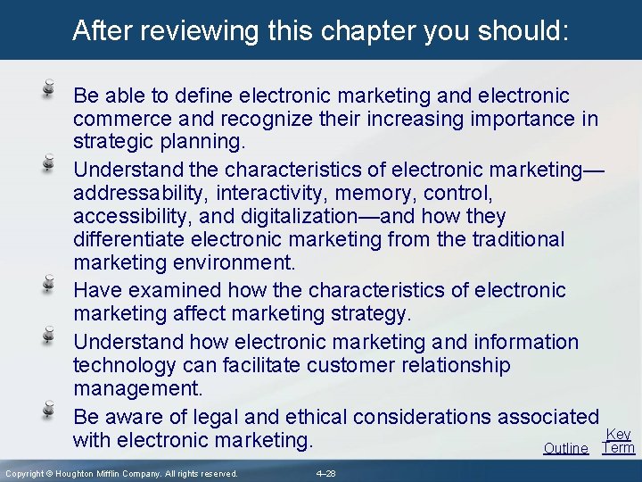 After reviewing this chapter you should: Be able to define electronic marketing and electronic