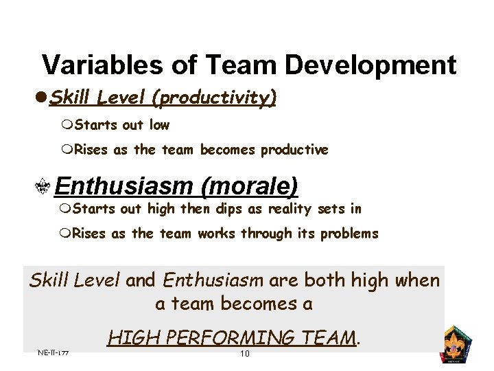 Variables of Team Development l. Skill Level (productivity) m. Starts out low m. Rises Variables of Team Development l. Skill Level (productivity) m. Starts out low m. Rises