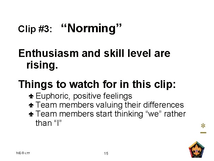 Clip #3: “Norming” Enthusiasm and skill level are rising. Things to watch for in Clip #3: “Norming” Enthusiasm and skill level are rising. Things to watch for in