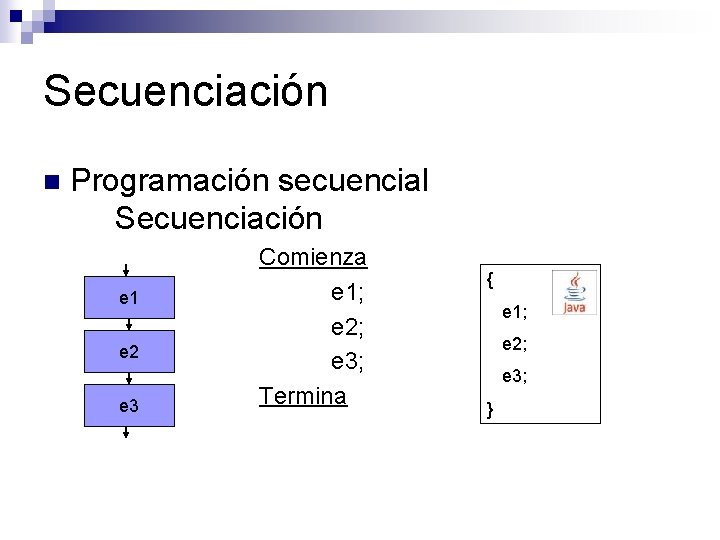 Secuenciación n Programación secuencial Secuenciación e 1 e 2 e 3 Comienza e 1;