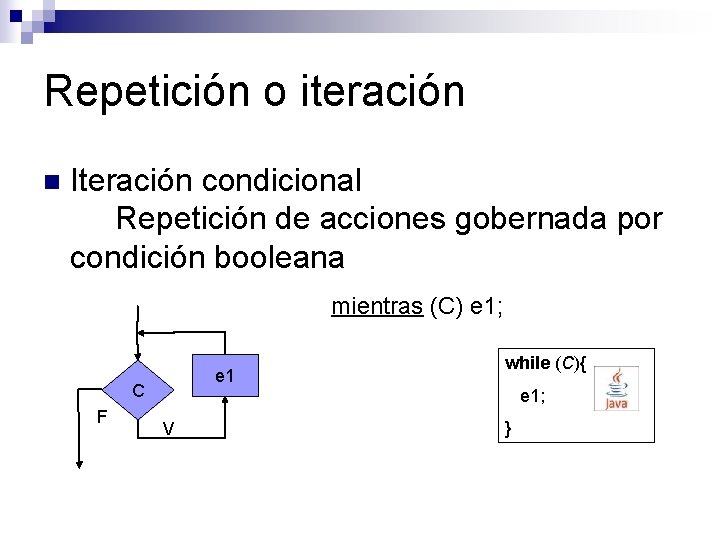 Repetición o iteración n Iteración condicional Repetición de acciones gobernada por condición booleana mientras