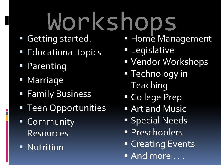 Workshops Getting started. Educational topics Parenting Marriage Family Business Teen Opportunities Community Resources Nutrition