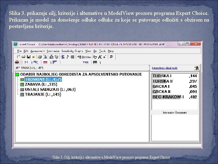 Slika 3. prikazuje cilj, kriterije i alternative u Model. View prozoru programa Expert Choice.