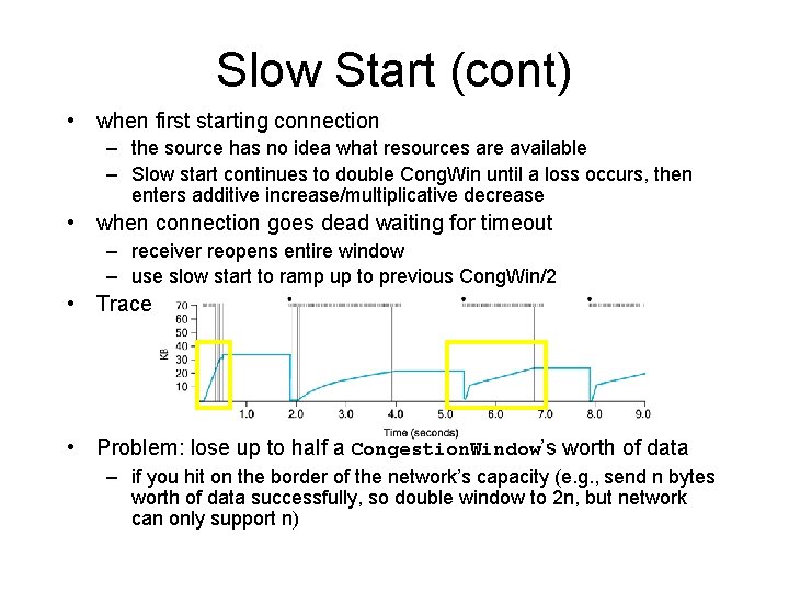 Slow Start (cont) • when first starting connection – the source has no idea