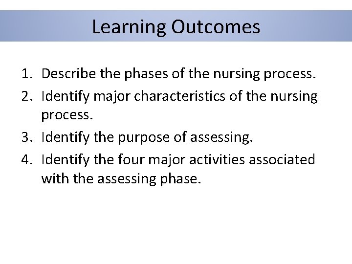 Learning Outcomes 1. Describe the phases of the nursing process. 2. Identify major characteristics
