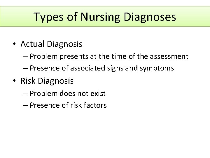 Types of Nursing Diagnoses • Actual Diagnosis – Problem presents at the time of