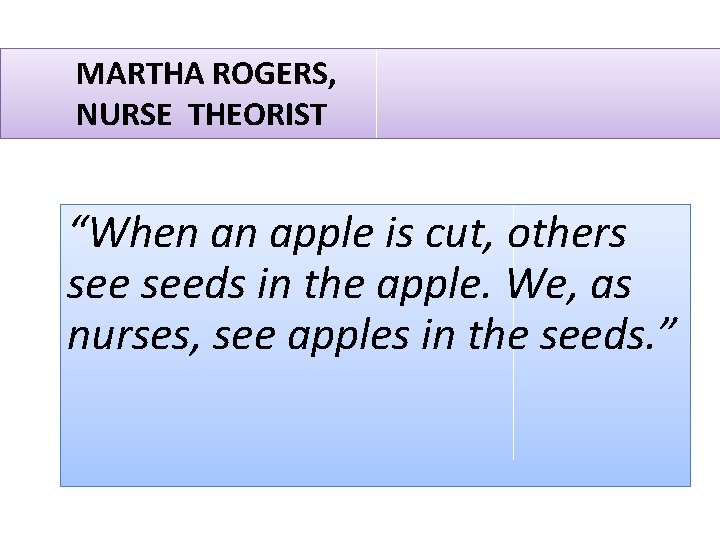  MARTHA ROGERS, NURSE THEORIST “When an apple is cut, others seeds in the
