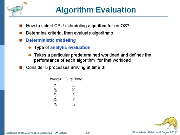 Algorithm Evaluation n How to select CPU-scheduling algorithm for an OS? n Determine criteria,