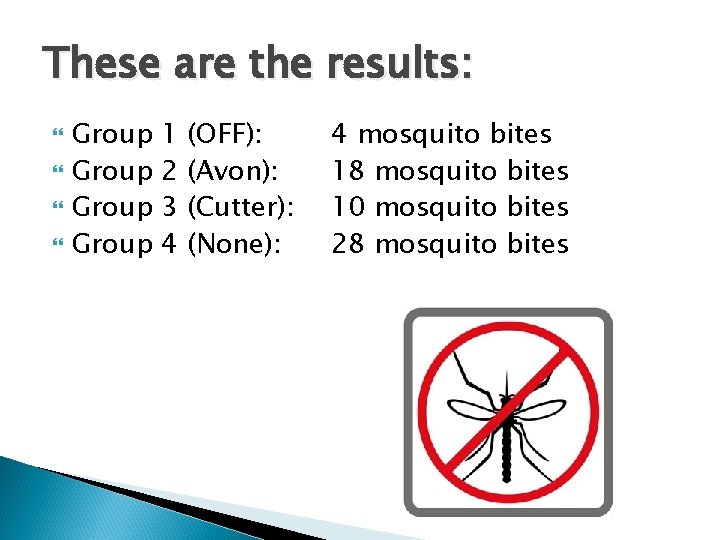 These are the results: Group 1 2 3 4 (OFF): (Avon): (Cutter): (None): 4