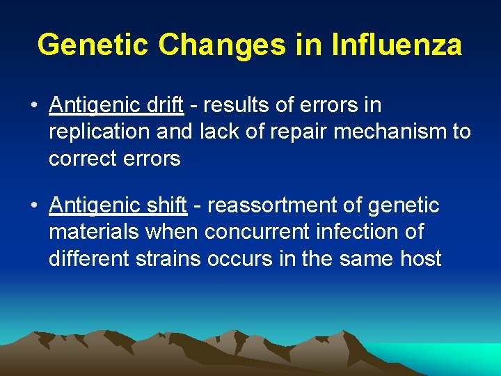 Genetic Changes in Influenza • Antigenic drift - results of errors in replication and