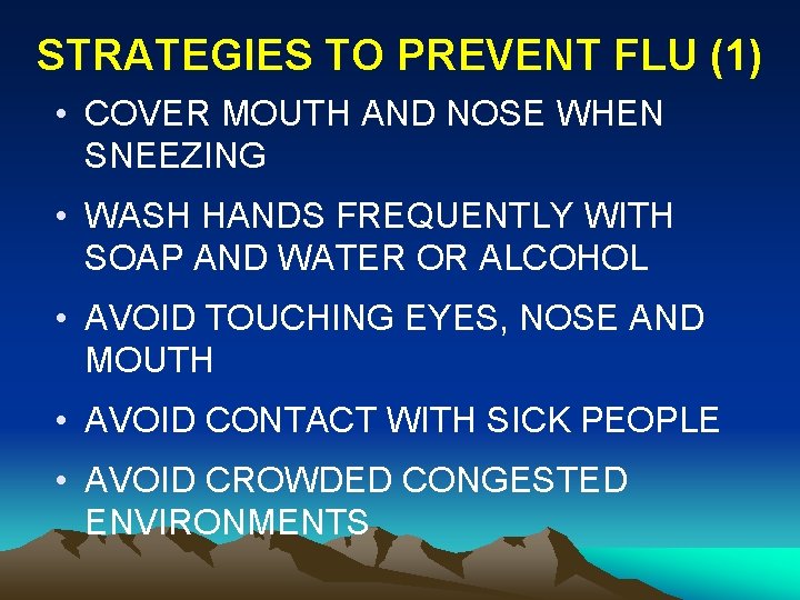 STRATEGIES TO PREVENT FLU (1) • COVER MOUTH AND NOSE WHEN SNEEZING • WASH