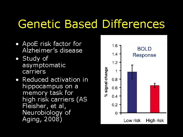 Genetic Based Differences • Apo. E risk factor for Alzheimer’s disease • Study of