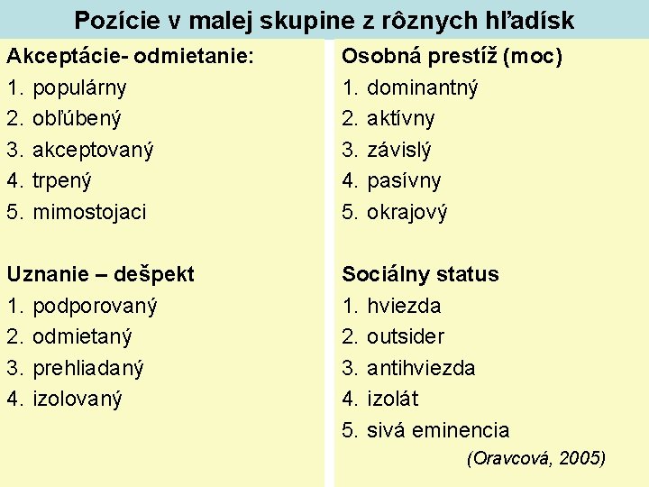 Pozície v malej skupine z rôznych hľadísk Akceptácie- odmietanie: 1. populárny 2. obľúbený 3.