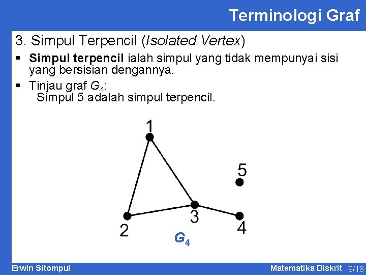 Terminologi Graf 3. Simpul Terpencil (Isolated Vertex) § Simpul terpencil ialah simpul yang tidak