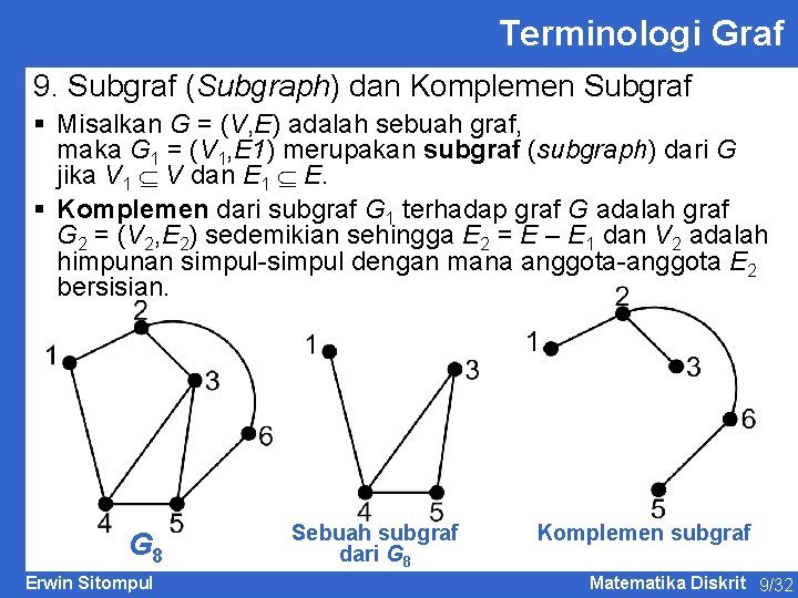 Terminologi Graf 9. Subgraf (Subgraph) dan Komplemen Subgraf § Misalkan G = (V, E)