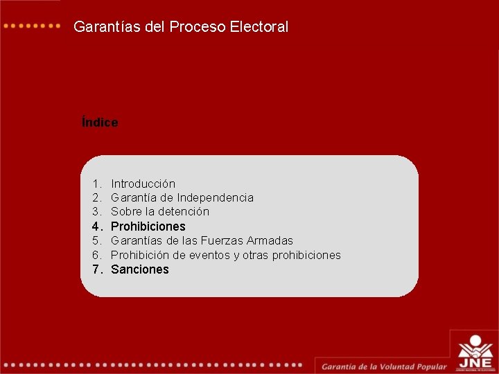 Garantías del Proceso Electoral Índice 1. Introducción 2. Garantía de Independencia 3. Sobre la