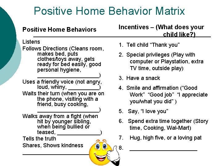 Positive Home Behavior Matrix Positive Home Behaviors Listens Follows Directions (Cleans room, makes bed,