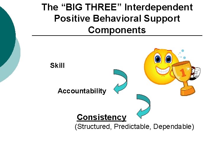 The “BIG THREE” Interdependent Positive Behavioral Support Components Skill Accountability Consistency (Structured, Predictable, Dependable)