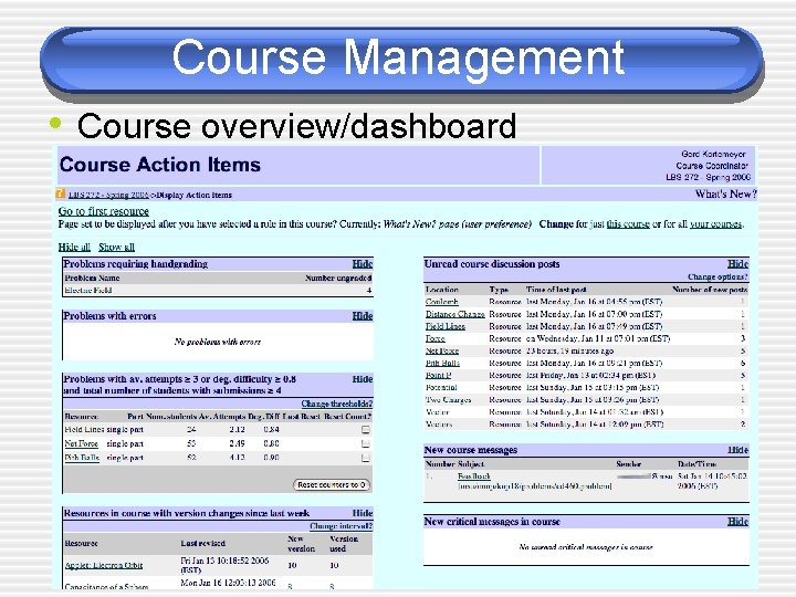 Course Management • Course overview/dashboard 