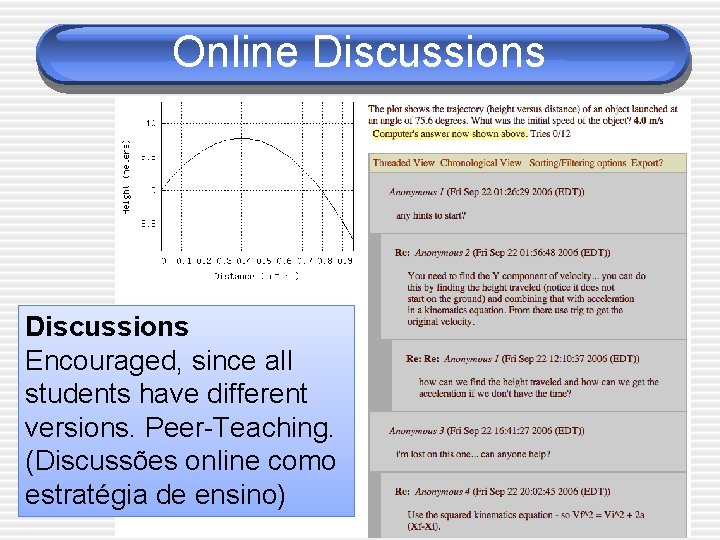 Online Discussions Encouraged, since all students have different versions. Peer-Teaching. (Discussões online como estratégia