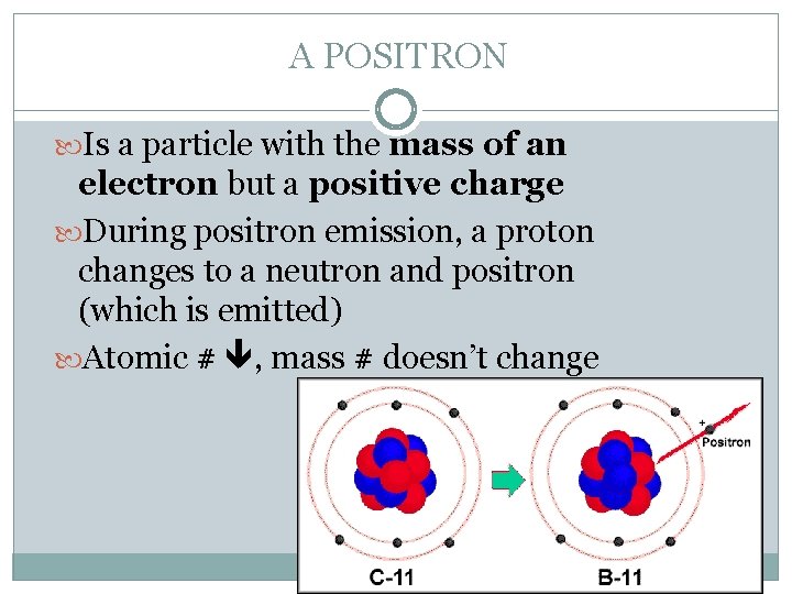 A POSITRON Is a particle with the mass of an electron but a positive