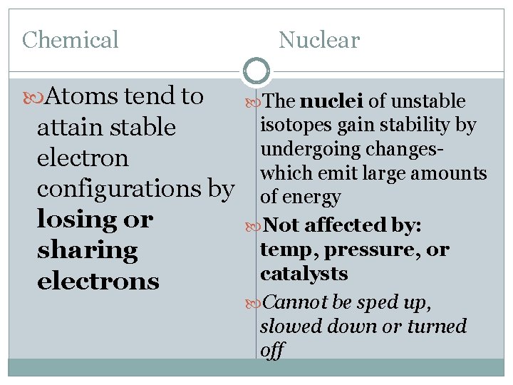Chemical Atoms tend to attain stable electron configurations by losing or sharing electrons Nuclear