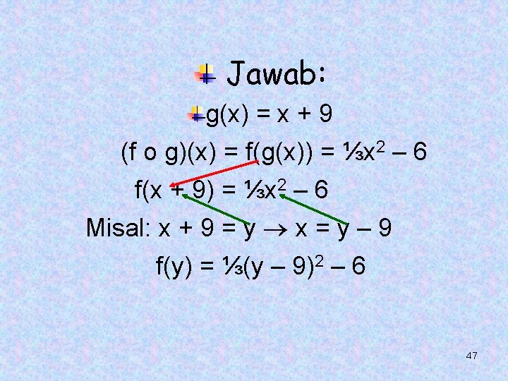 Jawab: g(x) = x + 9 (f o g)(x) = f(g(x)) = ⅓x 2