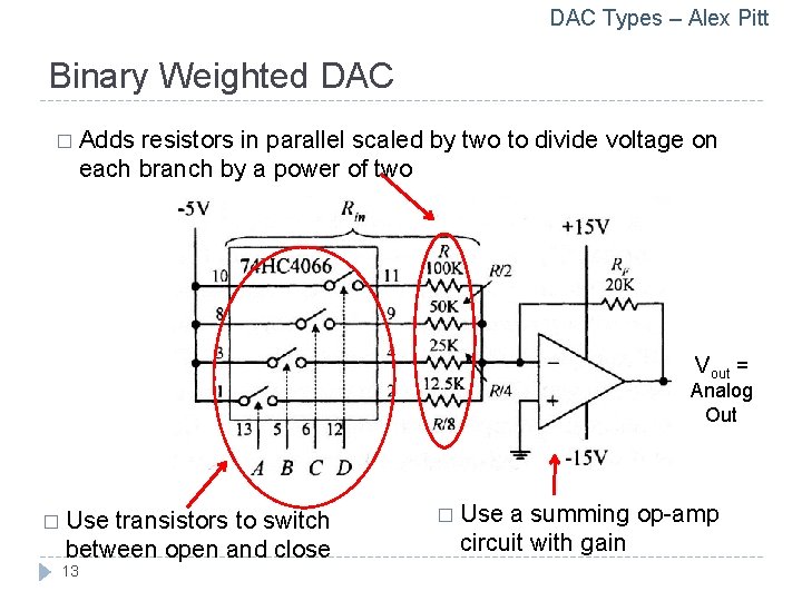 DAC Types – Alex Pitt Binary Weighted DAC � Adds resistors in parallel scaled