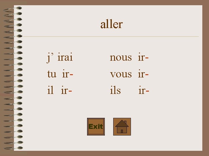 aller j’ irai tu iril ir- nous irvous irils ir. Exit 