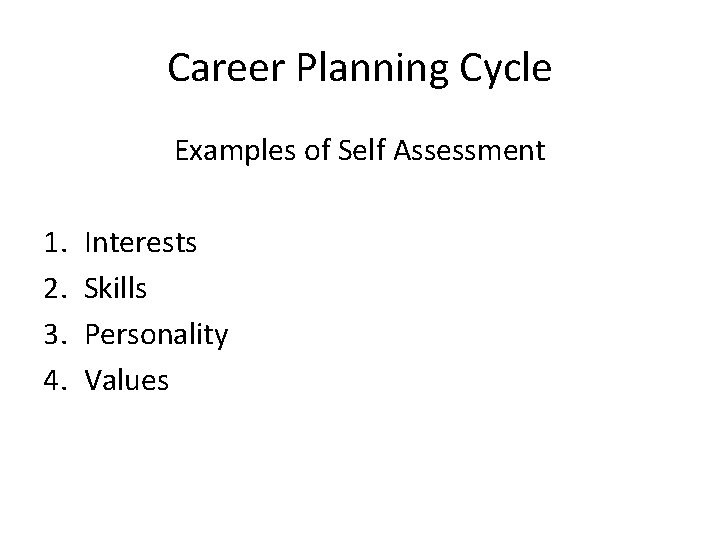 Career Planning Cycle Examples of Self Assessment 1. 2. 3. 4. Interests Skills Personality