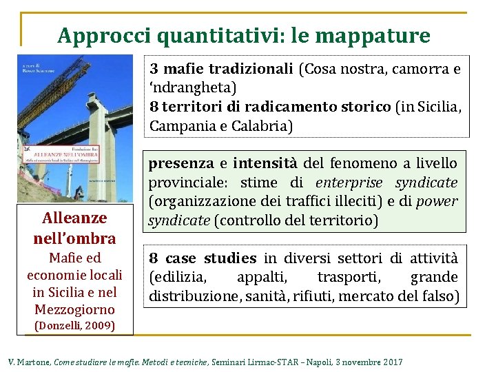 Approcci quantitativi: le mappature 3 mafie tradizionali (Cosa nostra, camorra e ‘ndrangheta) 8 territori