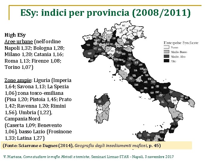 ESy: indici per provincia (2008/2011) High ESy Aree urbane (nell’ordine Napoli 1, 32; Bologna