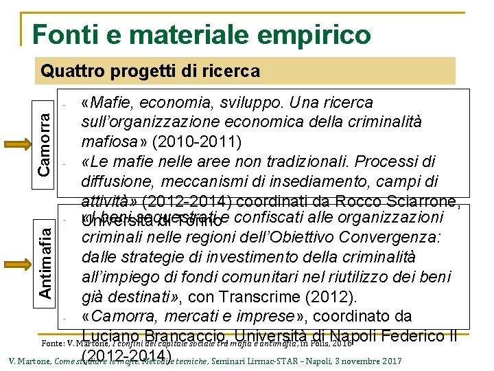 Fonti e materiale empirico Quattro progetti di ricerca «Mafie, economia, sviluppo. Una ricerca sull’organizzazione