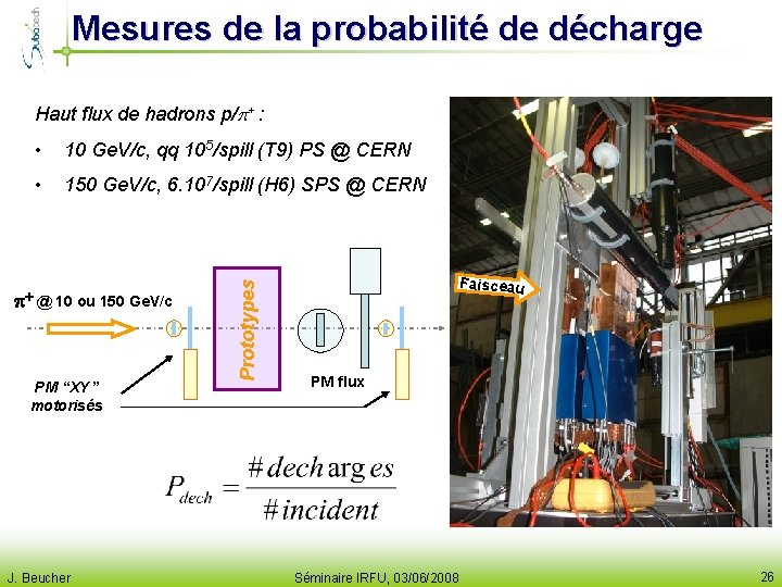 Mesures de la probabilité de décharge Haut flux de hadrons p/p+ : 10 Ge.