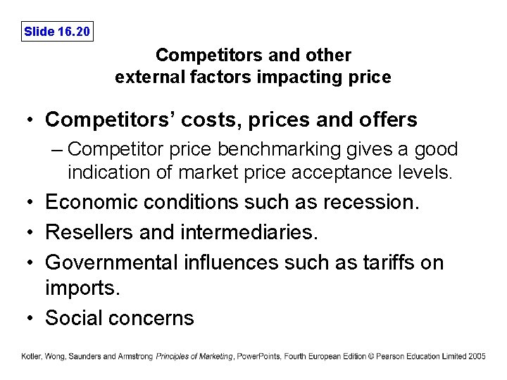 Slide 16. 20 Competitors and other external factors impacting price • Competitors’ costs, prices