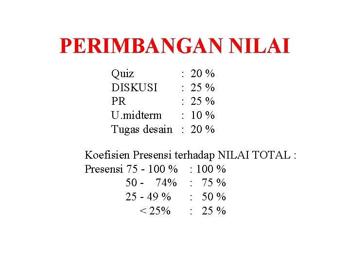 PERIMBANGAN NILAI Quiz DISKUSI PR U. midterm Tugas desain : : : 20 %