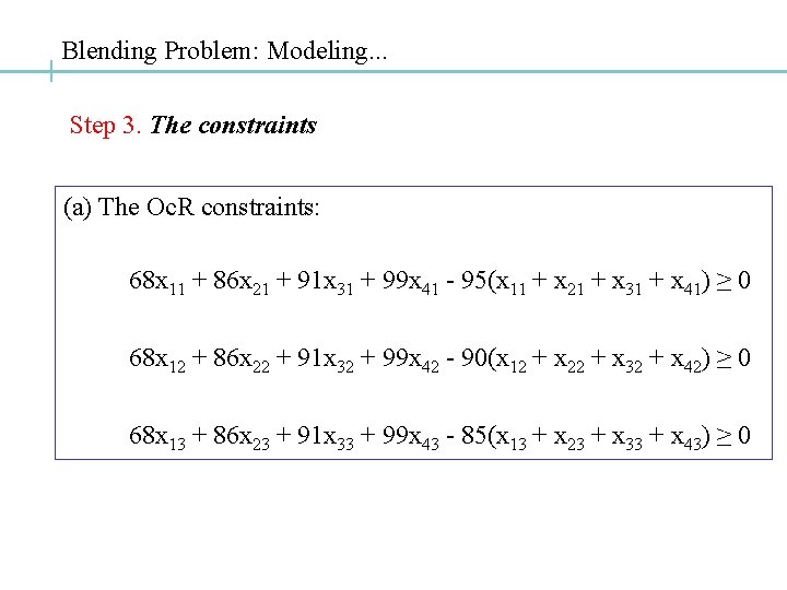 Blending Problem: Modeling. . . Step 3. The constraints (a) The Oc. R constraints: Blending Problem: Modeling. . . Step 3. The constraints (a) The Oc. R constraints: