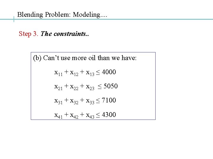 Blending Problem: Modeling. . Step 3. The constraints. . (b) Can’t use more oil Blending Problem: Modeling. . Step 3. The constraints. . (b) Can’t use more oil