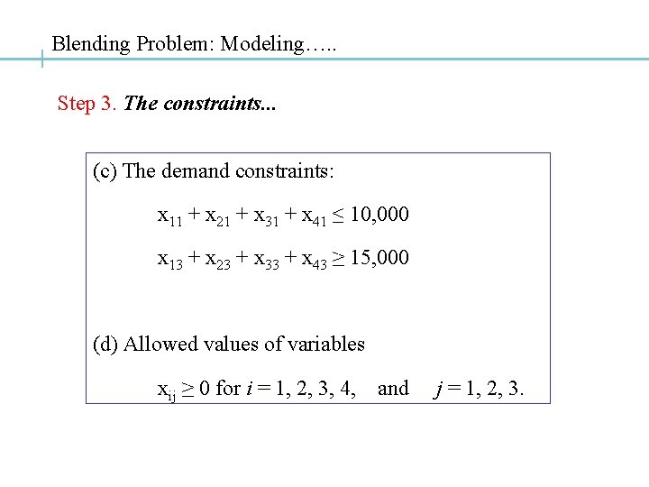 Blending Problem: Modeling…. . Step 3. The constraints. . . (c) The demand constraints: Blending Problem: Modeling…. . Step 3. The constraints. . . (c) The demand constraints: