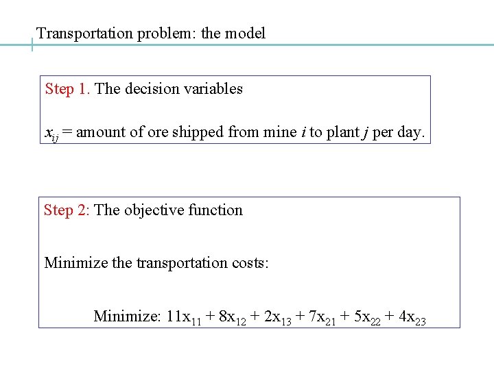 Transportation problem: the model Step 1. The decision variables xij = amount of ore Transportation problem: the model Step 1. The decision variables xij = amount of ore