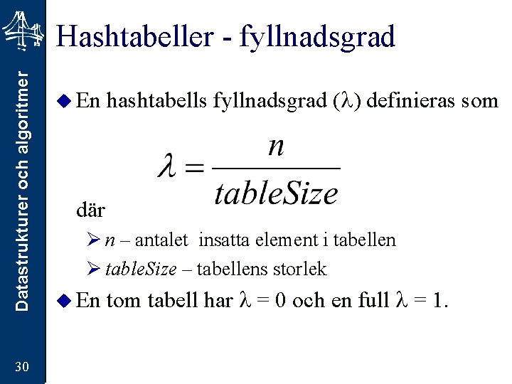 Datastrukturer och algoritmer Hashtabeller - fyllnadsgrad 30 u En hashtabells fyllnadsgrad ( ) definieras