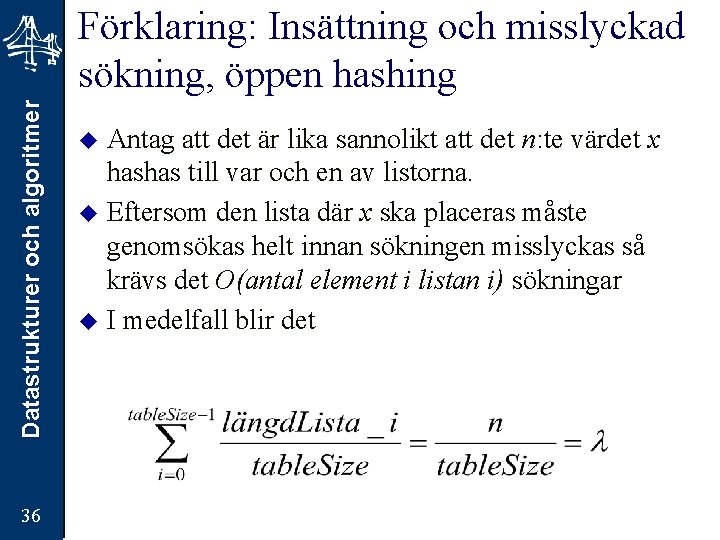 Datastrukturer och algoritmer Förklaring: Insättning och misslyckad sökning, öppen hashing 36 Antag att det