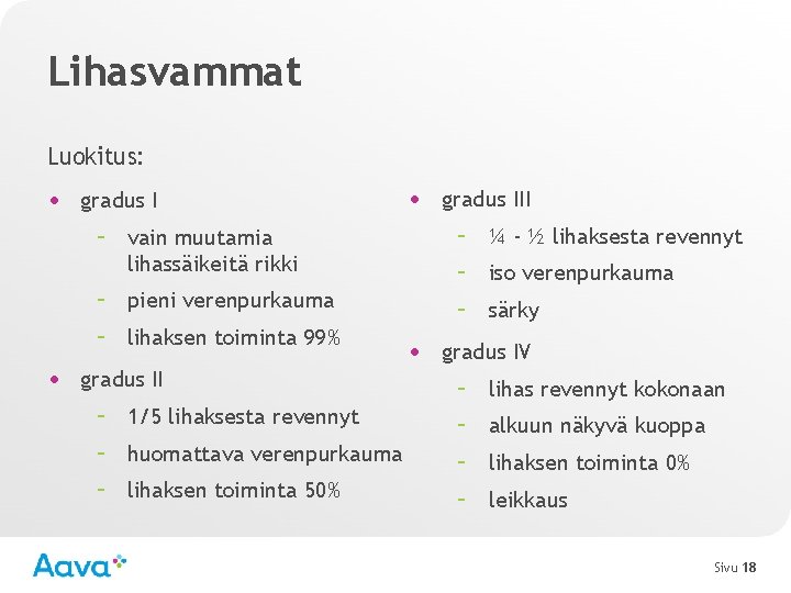 Lihasvammat Luokitus: • gradus I – vain muutamia lihassäikeitä rikki – pieni verenpurkauma –