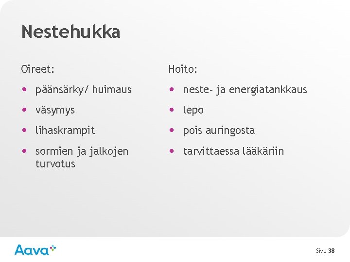 Nestehukka Oireet: Hoito: • päänsärky/ huimaus • neste- ja energiatankkaus • väsymys • lepo