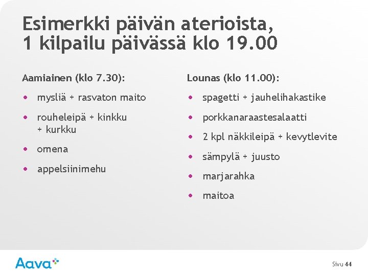 Esimerkki päivän aterioista, 1 kilpailu päivässä klo 19. 00 Aamiainen (klo 7. 30): Lounas