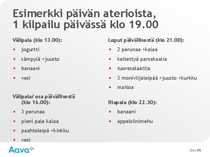 Esimerkki päivän aterioista, 1 kilpailu päivässä klo 19. 00 Välipala (klo 13. 00): Loput