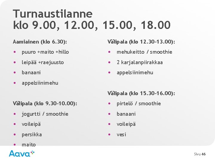 Turnaustilanne klo 9. 00, 12. 00, 15. 00, 18. 00 Aamiainen (klo 6. 30):